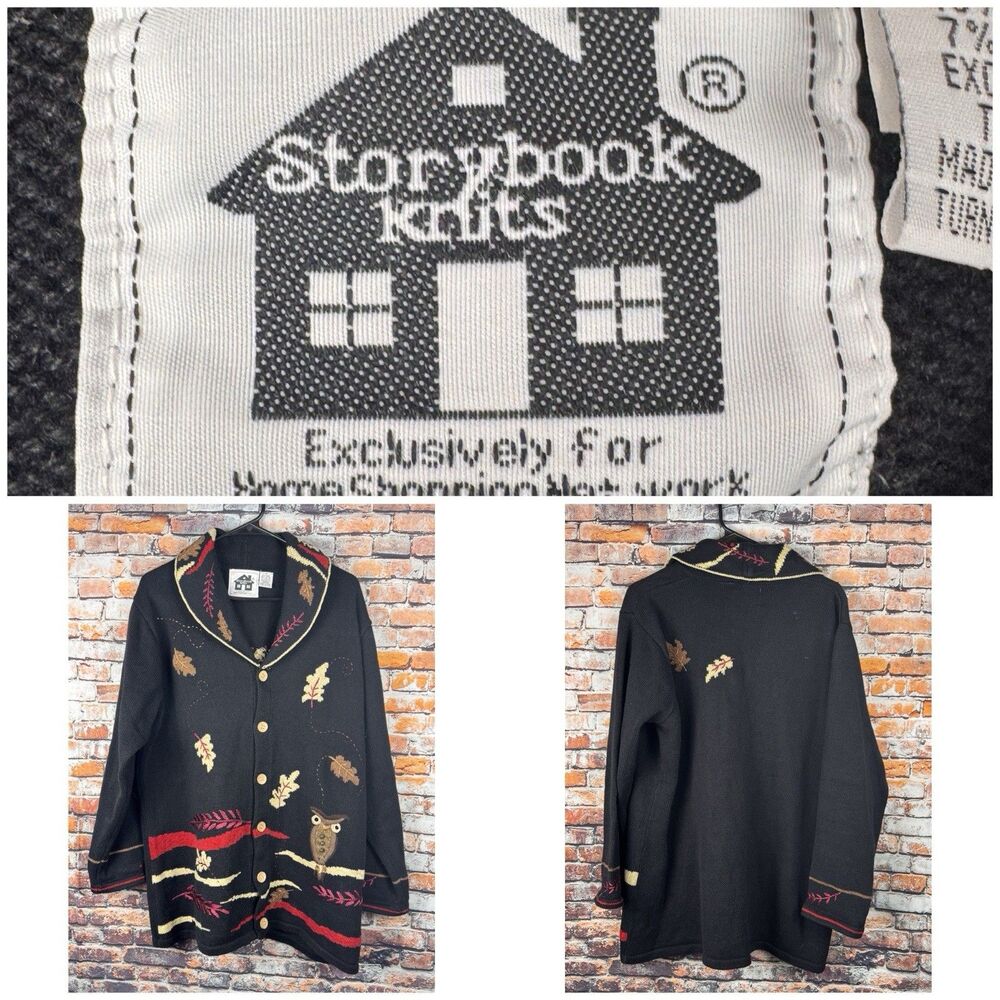 Storybook Knits 1X Vintage Fall Autumn Leaves Owl Embroidered Cardigan Sweater